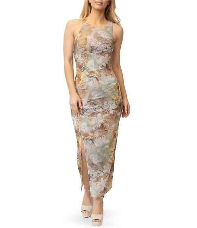 Stevie By Steve Madden Printed Crew Neck Sleeveless Ruched Side Slit Midi Dress