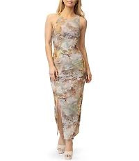 Stevie By Steve Madden Printed Crew Neck Sleeveless Ruched Side Slit Midi Dress