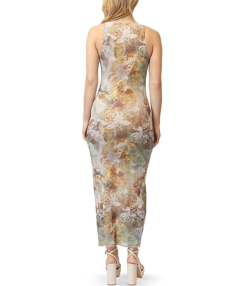 Stevie By Steve Madden Printed Crew Neck Sleeveless Ruched Side Slit Midi Dress