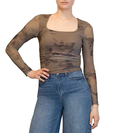 Stevie By Steve Madden Printed Mesh Square Neck Long Sleeve Side Ruched Top