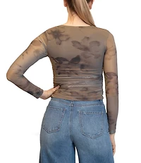 Stevie By Steve Madden Printed Mesh Square Neck Long Sleeve Side Ruched Top