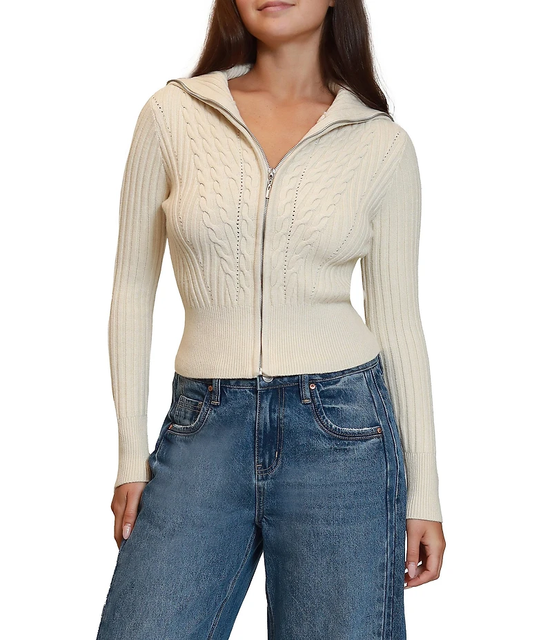 Stevie by Steve Madden Ribbed Cable Knit Open Collar Long Sleeve Zip Front Cardigan