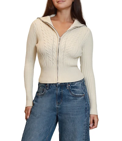 Stevie by Steve Madden Ribbed Cable Knit Open Collar Long Sleeve Zip Front Cardigan