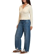 Stevie by Steve Madden Ribbed Cable Knit Open Collar Long Sleeve Zip Front Cardigan