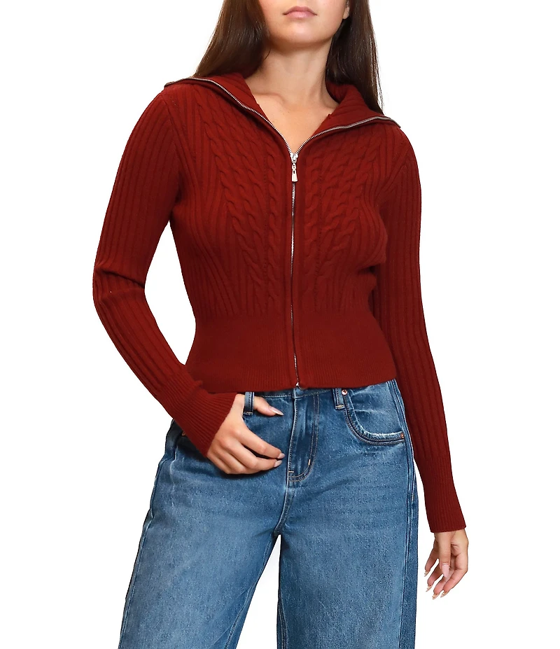 Stevie by Steve Madden Ribbed Cable Knit Open Collar Long Sleeve Zip Front Cardigan