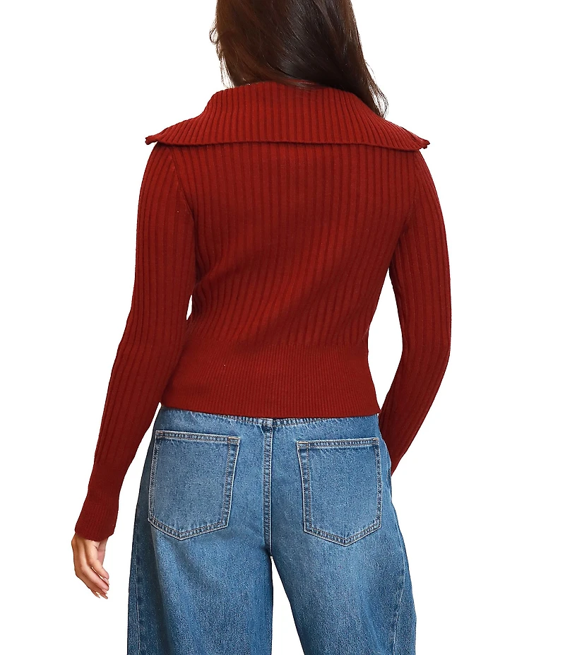 Stevie by Steve Madden Ribbed Cable Knit Open Collar Long Sleeve Zip Front Cardigan