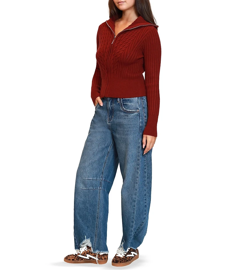 Stevie by Steve Madden Ribbed Cable Knit Open Collar Long Sleeve Zip Front Cardigan