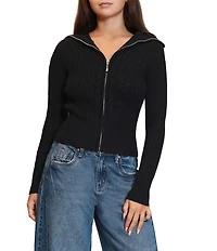 Stevie by Steve Madden Ribbed Cable Knit Open Collar Long Sleeve Zip Front Cardigan