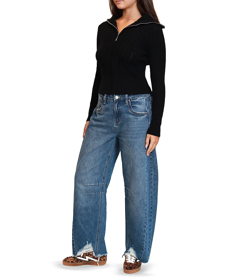 Stevie by Steve Madden Ribbed Cable Knit Open Collar Long Sleeve Zip Front Cardigan