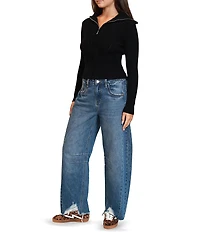 Stevie by Steve Madden Ribbed Cable Knit Open Collar Long Sleeve Zip Front Cardigan