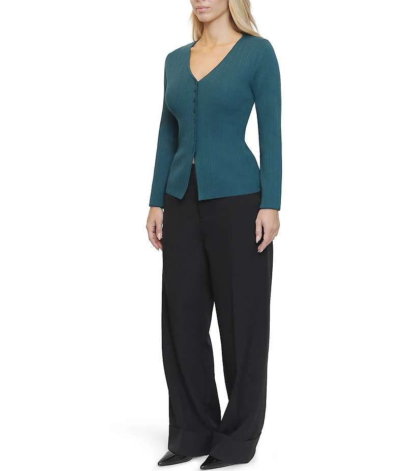 Stevie By Steve Madden Ribbed V-Neck Long Sleeve Button Front Flyaway Hem Cardigan