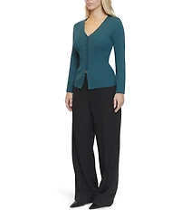 Stevie By Steve Madden Ribbed V-Neck Long Sleeve Button Front Flyaway Hem Cardigan