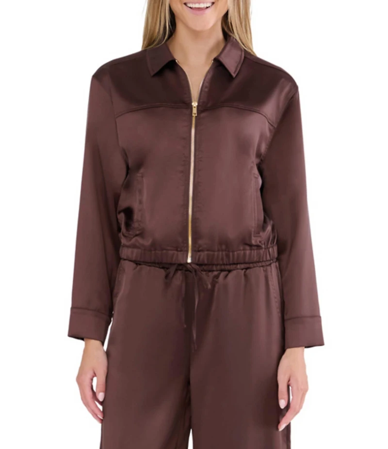 Stevie By Steve Madden Satin Collared Zip Up Long Sleeve Coordinating Jacket