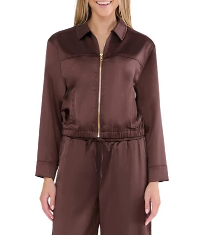 Stevie By Steve Madden Satin Collared Zip Up Long Sleeve Jacket