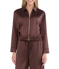 Stevie By Steve Madden Satin Collared Zip Up Long Sleeve Coordinating Jacket