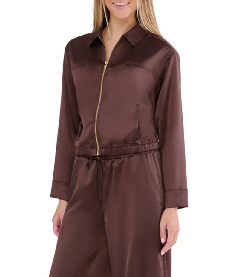 Stevie By Steve Madden Satin Collared Zip Up Long Sleeve Coordinating Jacket
