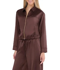 Stevie By Steve Madden Satin Collared Zip Up Long Sleeve Coordinating Jacket
