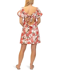 Stevie By Steve Madden Satin Floral Print Twist Front Puff Sleeve Open Tie Back Dress