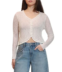 Stevie By Steve Madden Semi Sheer V-Neck Long Sleeve Ruffle Trim Cardigan