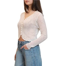 Stevie By Steve Madden Semi Sheer V-Neck Long Sleeve Ruffle Trim Cardigan