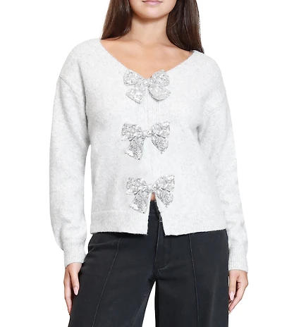 Stevie by Steve Madden Wear Me Two Ways Sequin Bow Long Sleeve Sweater