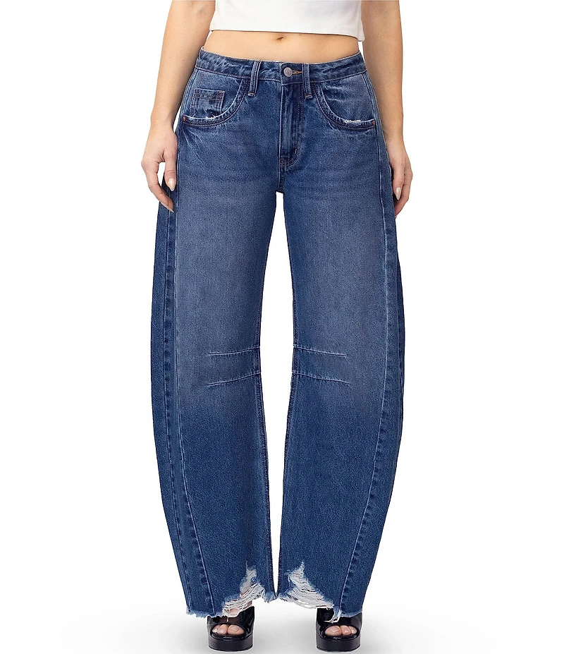 Stevie Jeans High Rise Distressed Frayed Hem Barrel Fit Jeans