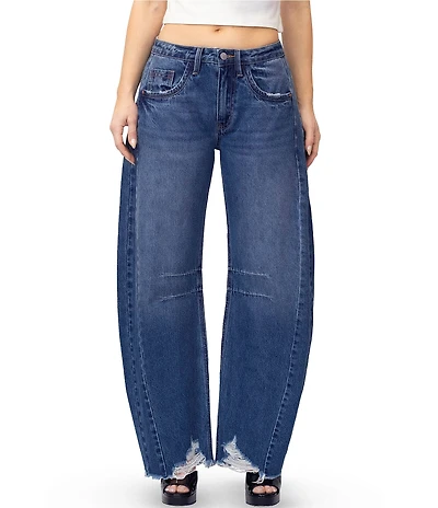 Stevie Jeans High Rise Distressed Frayed Hem Barrel Fit Jeans