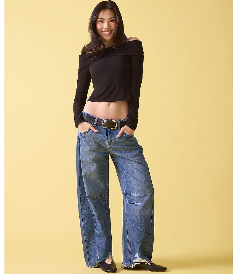 Stevie Jeans High Rise Distressed Frayed Hem Barrel Fit Jeans
