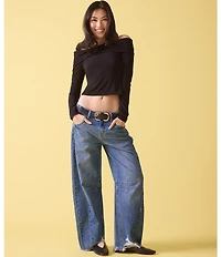 Stevie Jeans High Rise Distressed Frayed Hem Barrel Fit Jeans