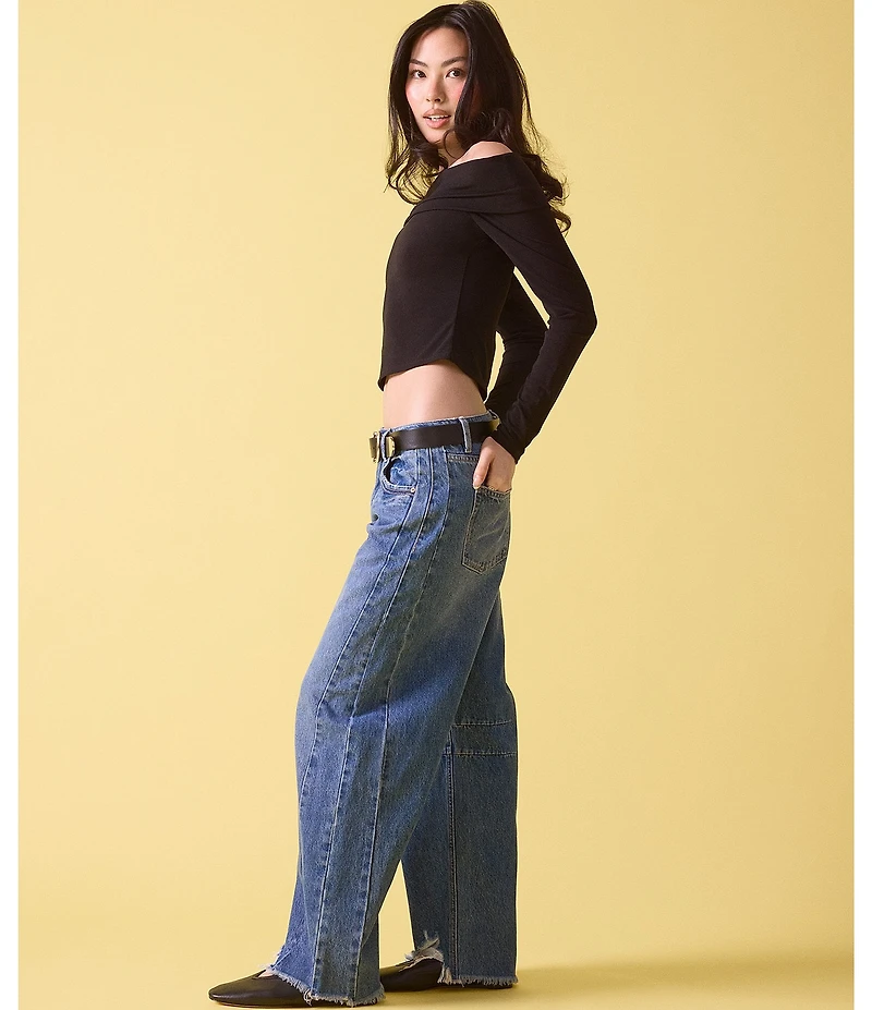 Stevie Jeans High Rise Distressed Frayed Hem Barrel Fit Jeans