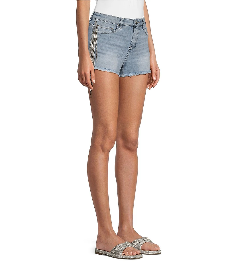 Stevie Jeans Rhinestone Fringe High Rise Denim Shorts