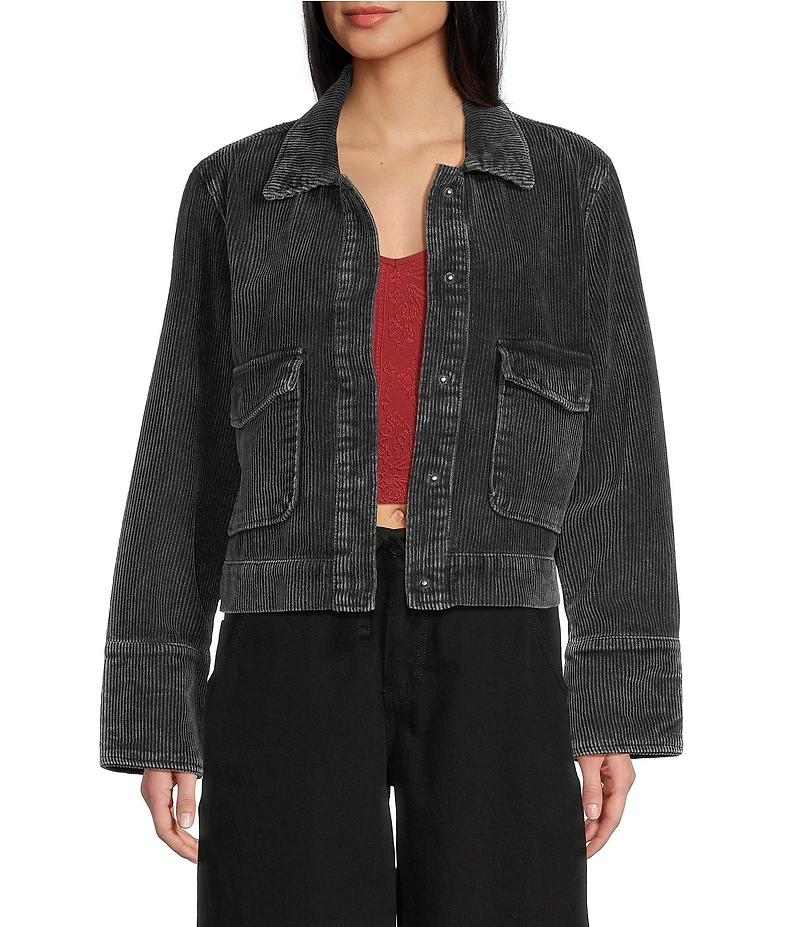 Stoosh Corduroy Collared Snap Front Flap Pocket Cropped Jacket