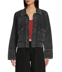 Stoosh Corduroy Collared Snap Front Flap Pocket Cropped Jacket