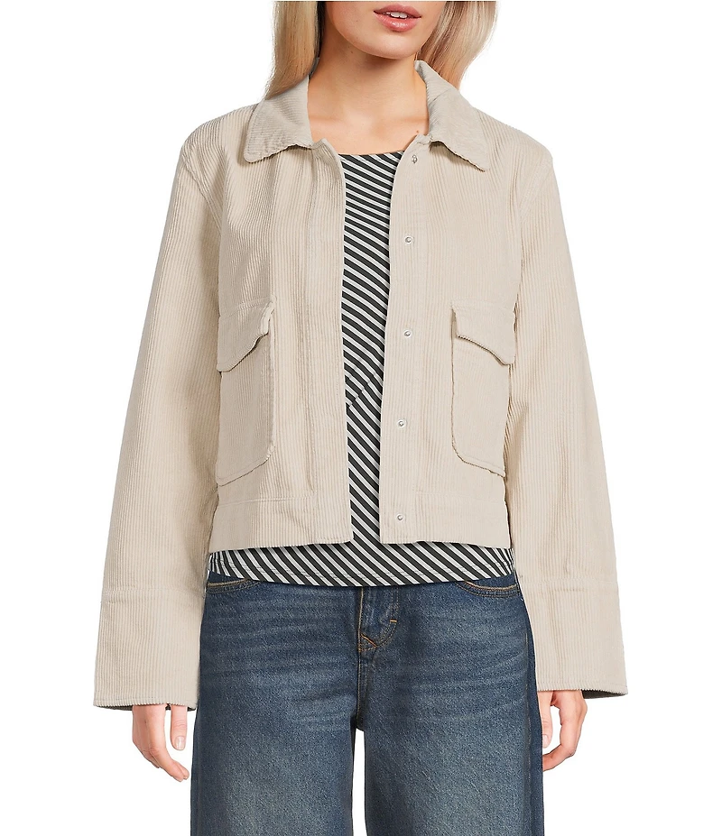 Stoosh Corduroy Collared Snap Front Flap Pocket Cropped Jacket