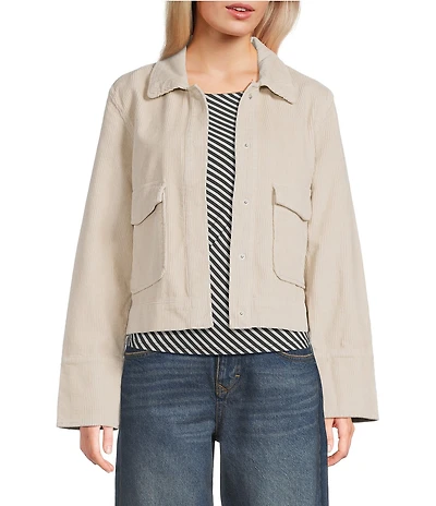 Stoosh Corduroy Collared Snap Front Flap Pocket Cropped Jacket