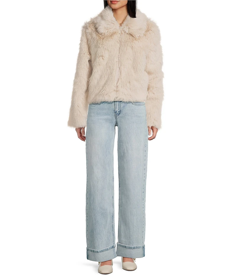 Stoosh Faux Fur Zip Front Long Hair Jacket