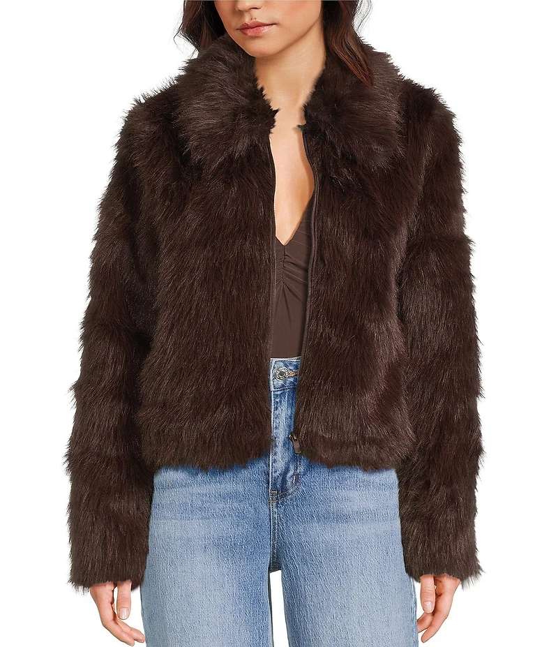 Stoosh Faux Fur Zip Front Long Hair Jacket