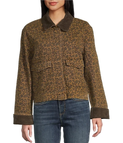 Stoosh Printed Heavy Leopard Print Twill Corduroy Collar Jacket
