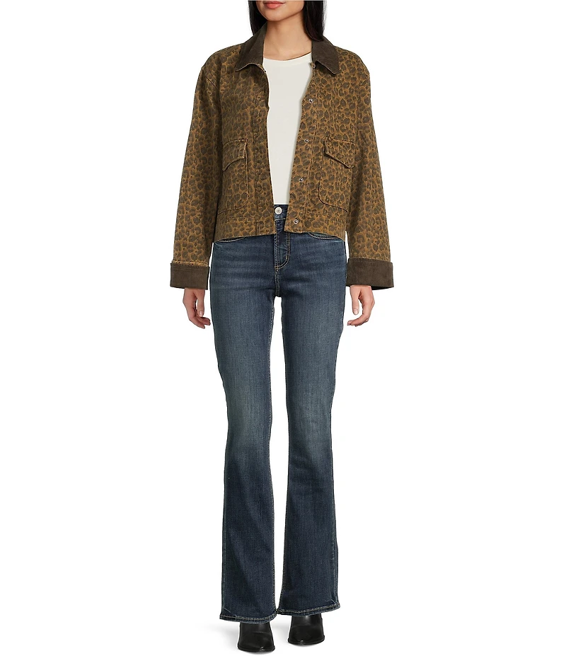 Stoosh Printed Heavy Leopard Print Twill Corduroy Collar Jacket