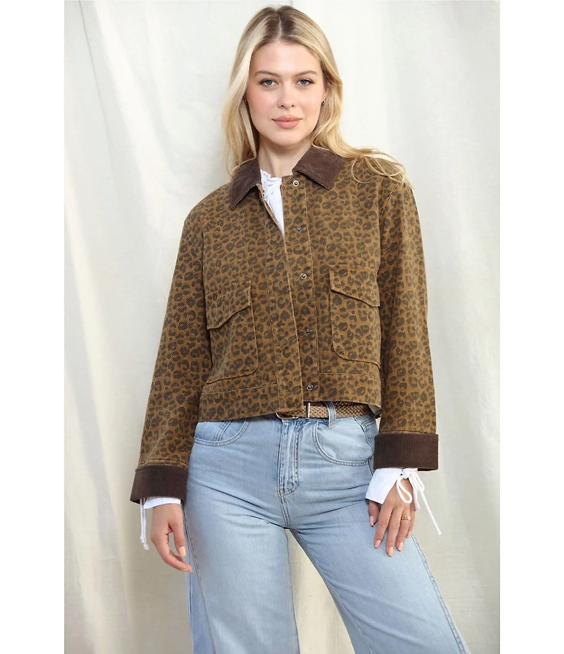 Stoosh Printed Heavy Leopard Print Twill Corduroy Collar Jacket