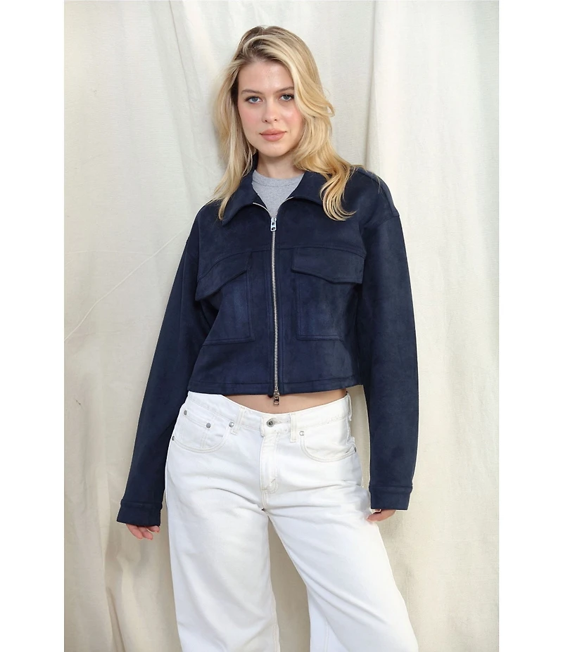 Stoosh Faux Suede Collared Zip Front Flap Pocket Cropped Jacket