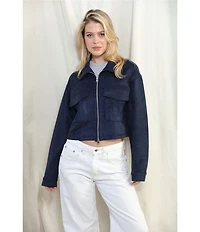 Stoosh Faux Suede Collared Zip Front Flap Pocket Cropped Jacket