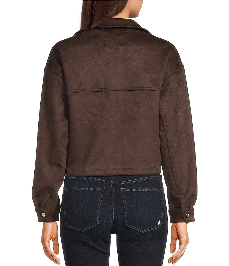 Stoosh Faux Suede Collared Zip Front Flap Pocket Cropped Jacket