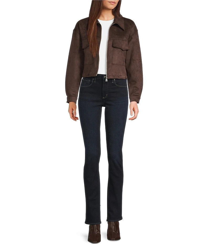 Stoosh Faux Suede Collared Zip Front Flap Pocket Cropped Jacket