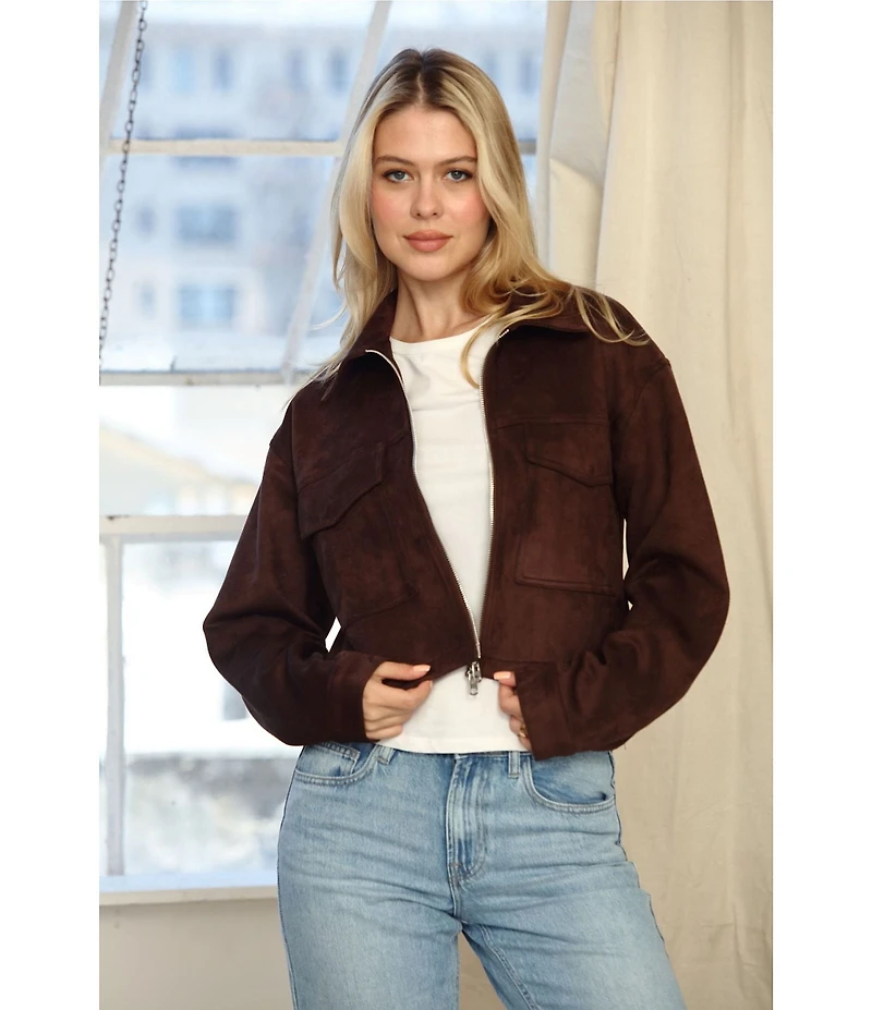 Stoosh Faux Suede Collared Zip Front Flap Pocket Cropped Jacket