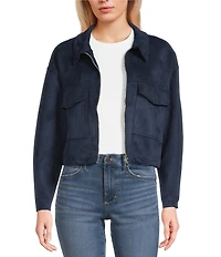 Stoosh Faux Suede Collared Zip Front Flap Pocket Cropped Jacket