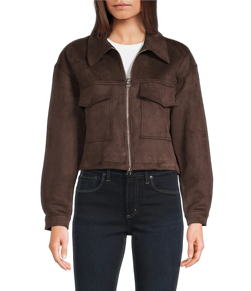 Stoosh Faux Suede Collared Zip Front Flap Pocket Cropped Jacket
