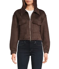 Stoosh Faux Suede Collared Zip Front Flap Pocket Cropped Jacket