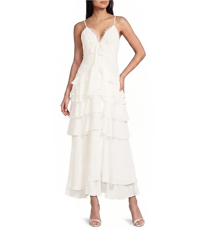 Storia Chiffon Eyelash Lace Trim Ruffle Tiered Maxi Dress