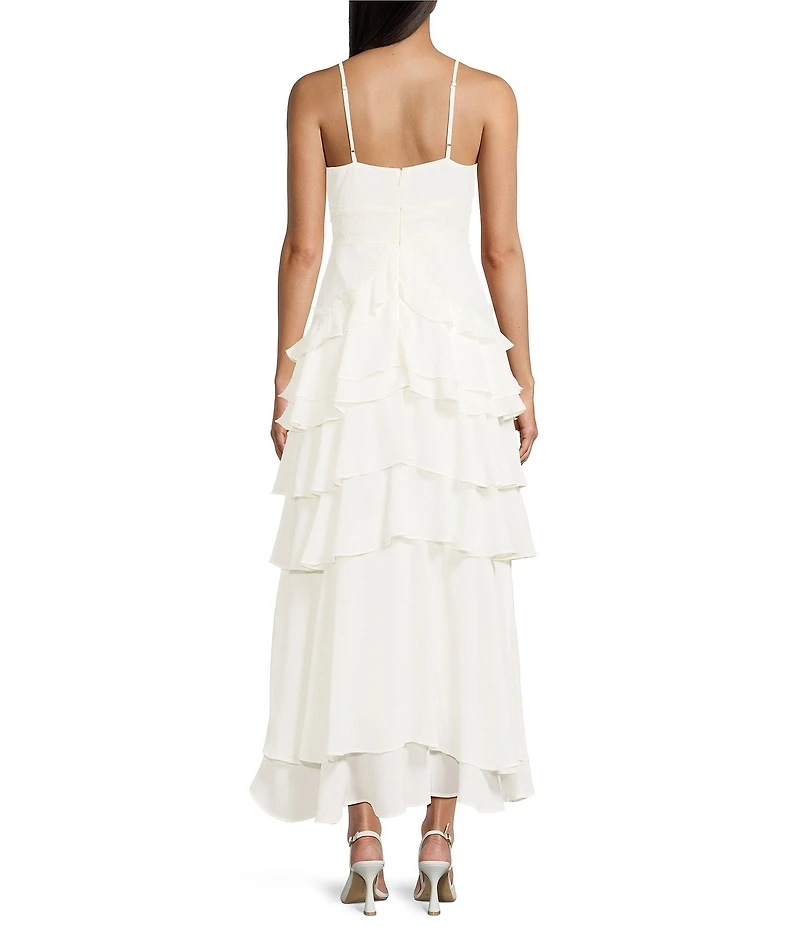 Storia Chiffon Eyelash Lace Trim Ruffle Tiered Maxi Dress
